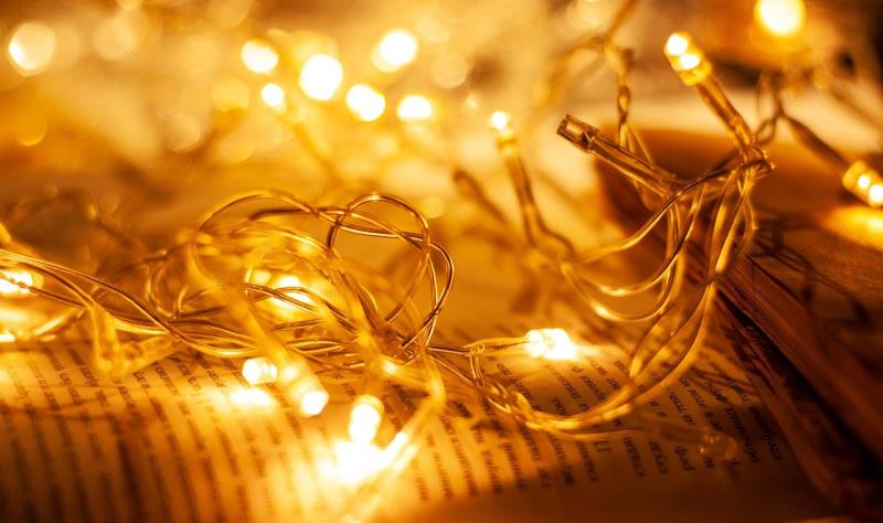 A bundle of fairy lights lit up over an open book.