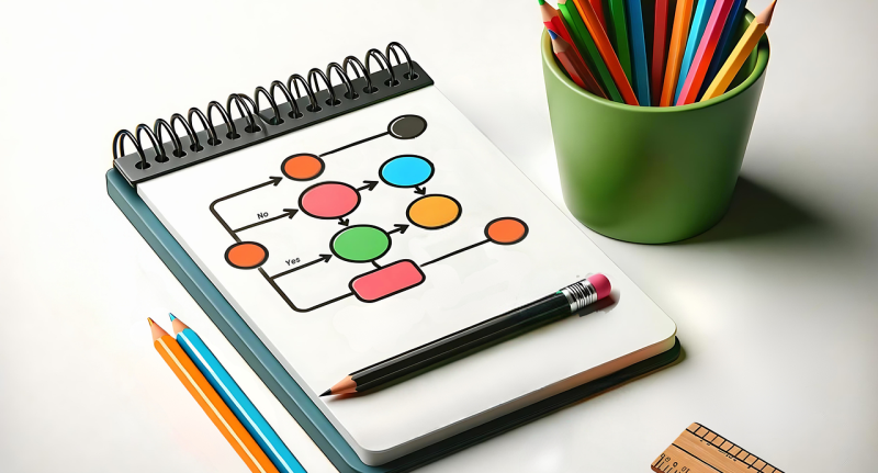 A notebook lies open at a page with a colourful flow diagram. There's a pot of coloured pens next to the notebook, and a pencil rests on the notebook page. 