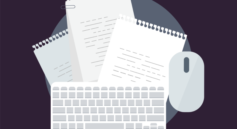 An illustration of a keyboard, mouse and sheets of paper with marks on them.