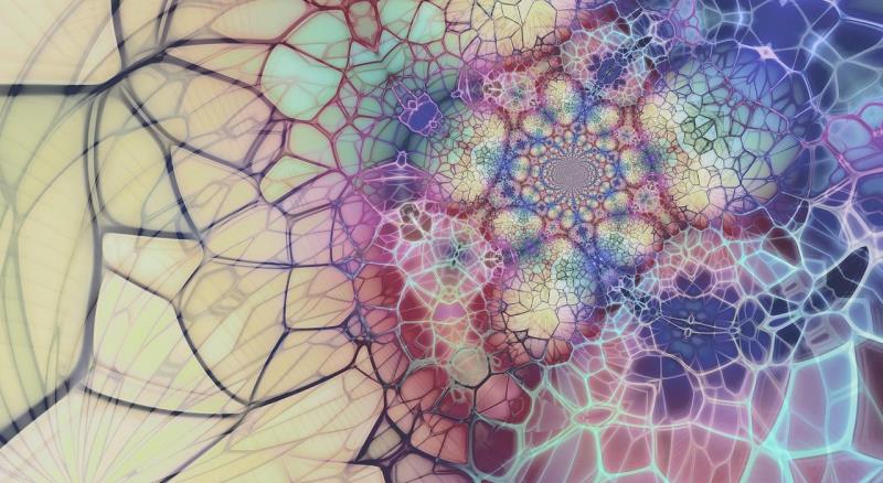 Abstract digital artwork visualizing intricate, interconnected cellular or neural-like networks. Layered organic forms shift from pale yellow and black at left to vivid purple, blue, pink, and turquoise at right, creating a dense central focal area. 