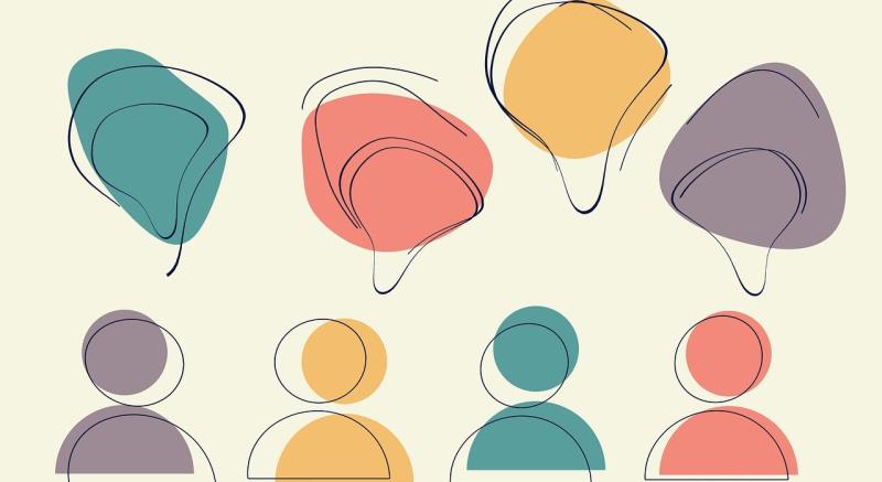 Abstract illustration presents four color-coded organic shapes, possibly comparing expressive forms with simplified human silhouettes. Teal, coral, golden yellow, and mauve forms feature thin black contour lines; matching circular figures and shoulder-like bases appear below.